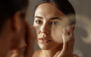 woman looking at herself with little acne