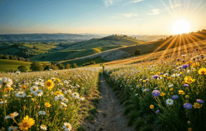 spring field with mountains and sun