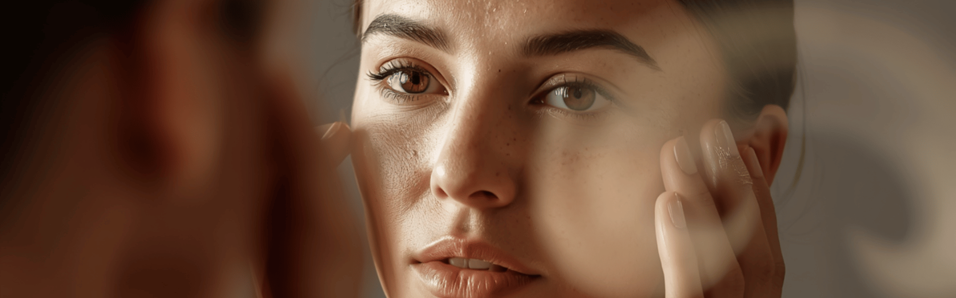 woman looking at herself with little acne
