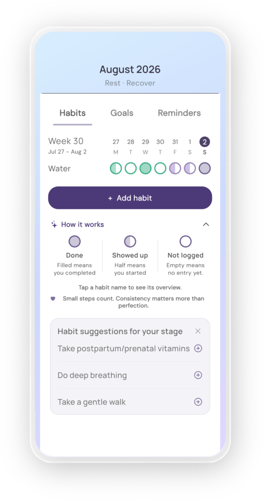Goals for Postpartum and Habits screenshot Mockup Luani